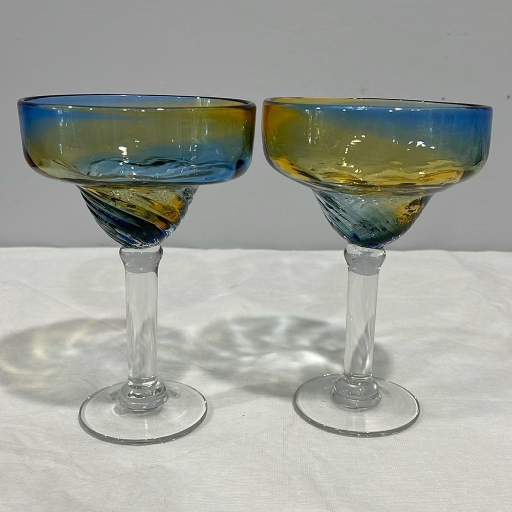 Pier 1 Margarita Glasses Ombré Amber Blue Vintage Cocktail Hand Blown set of 2